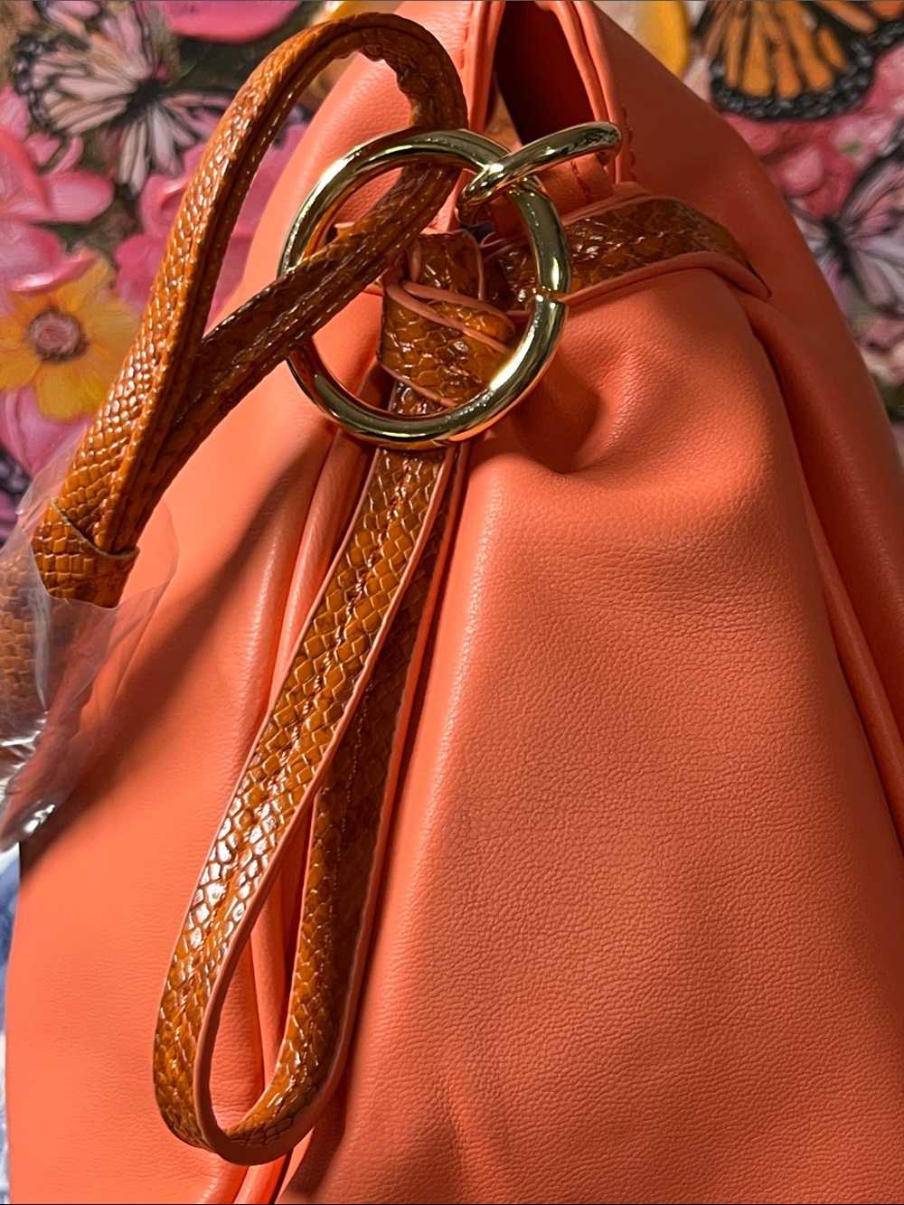 Badgley Mischka Coral-Orange Vegan Leather Shoulder /Crossbody w snake skin trim - Picture 7 of 16